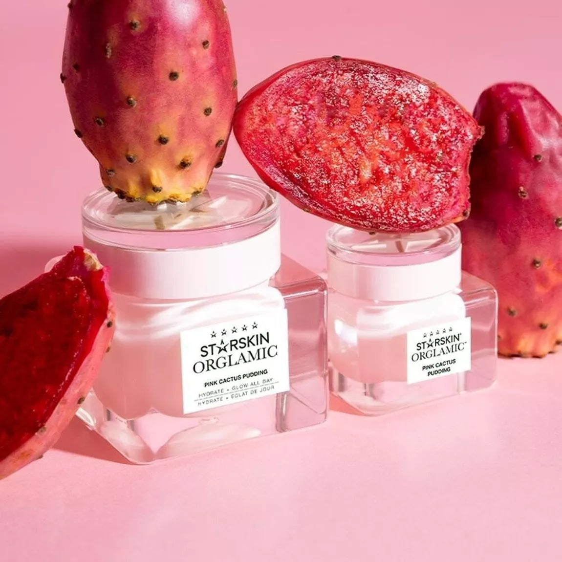 ORGLAMIC™ Pink Cactus mini veido kremas (15ml) su mini kosmetine – prabangus kaktusų ekstraktų ir hialurono kremas, kelioninio dydžio rinkinys.