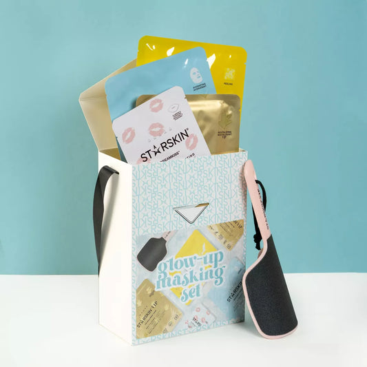STARSKIN Glow-up dovanų rinkinys – veido, lūpų, paakių, rankų ir pėdų kaukės bei šveitiklis. Prabangi SPA odos priežiūra namuose. Pagaminta Korėjoje.