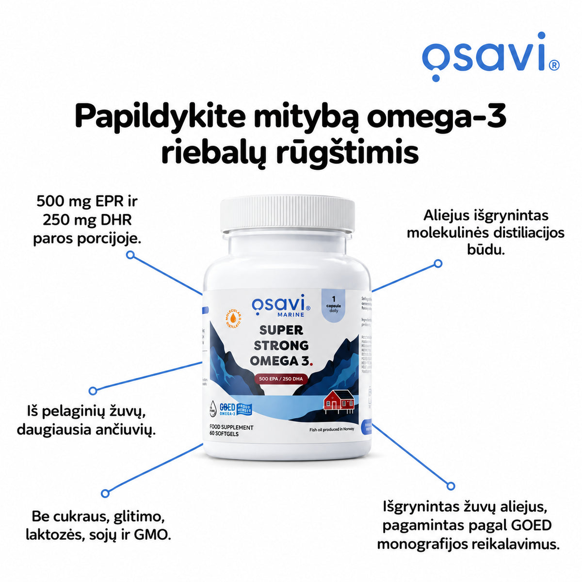 Osavi Super Strong Omega-3 – EPR ir DHR kiekiai, žuvų aliejaus kilmė ir gryninimas