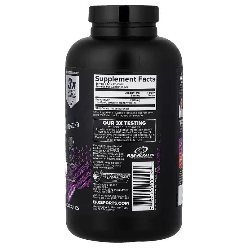 EFX Sports Kre-Alkalyn – sudėties ir vartojimo etiketė