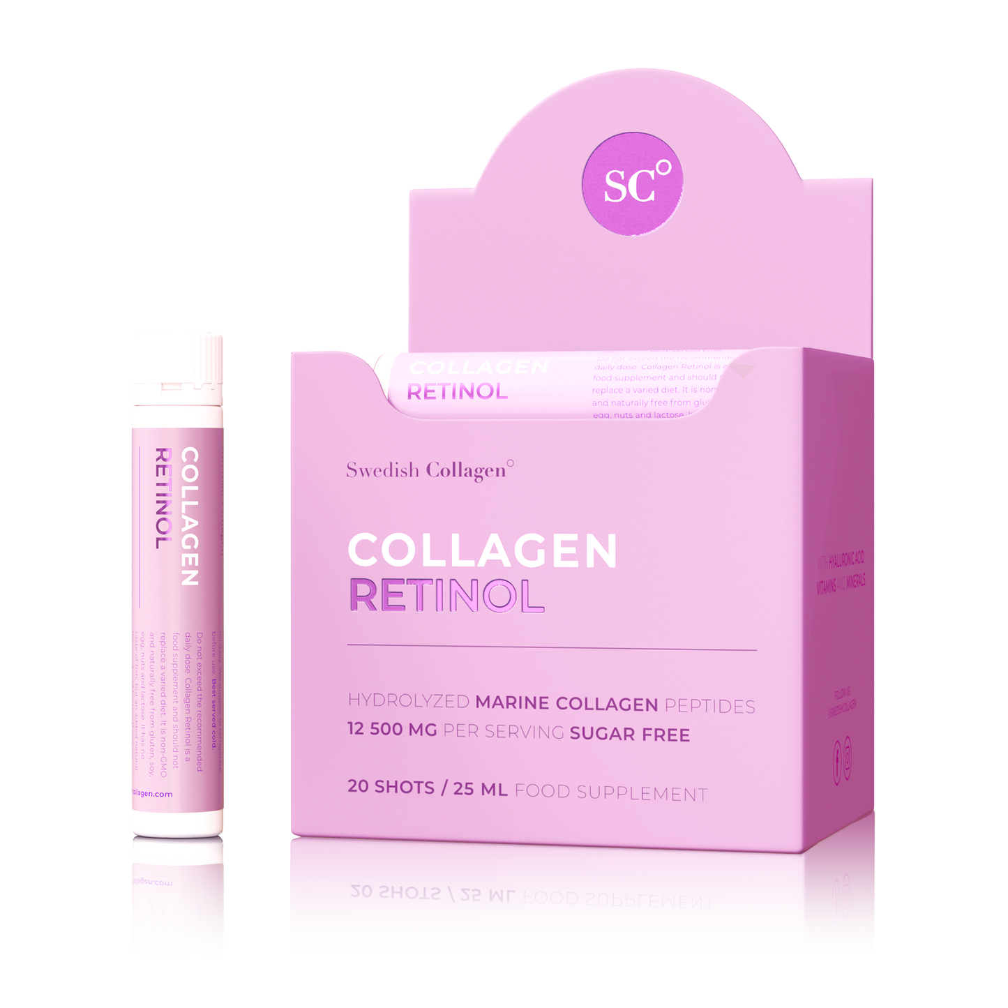 Swedish Collagen Retinol Shots – pakuotė 20×25 ml, mėlynių skonis.