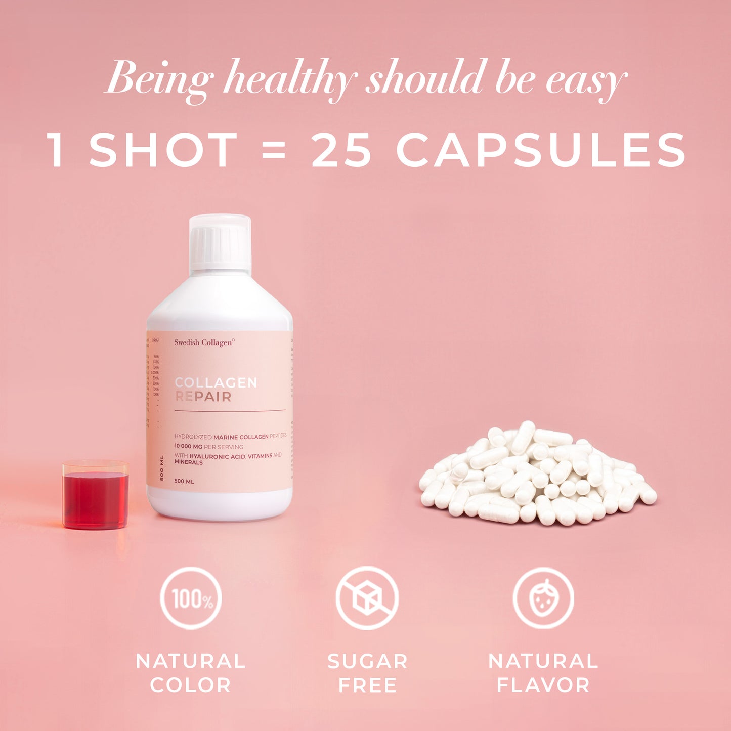 25 ml porcija stiklinėje – hialurono rūgštis, biotinas, vitaminas C, žaliosios arbatos ekstraktas.