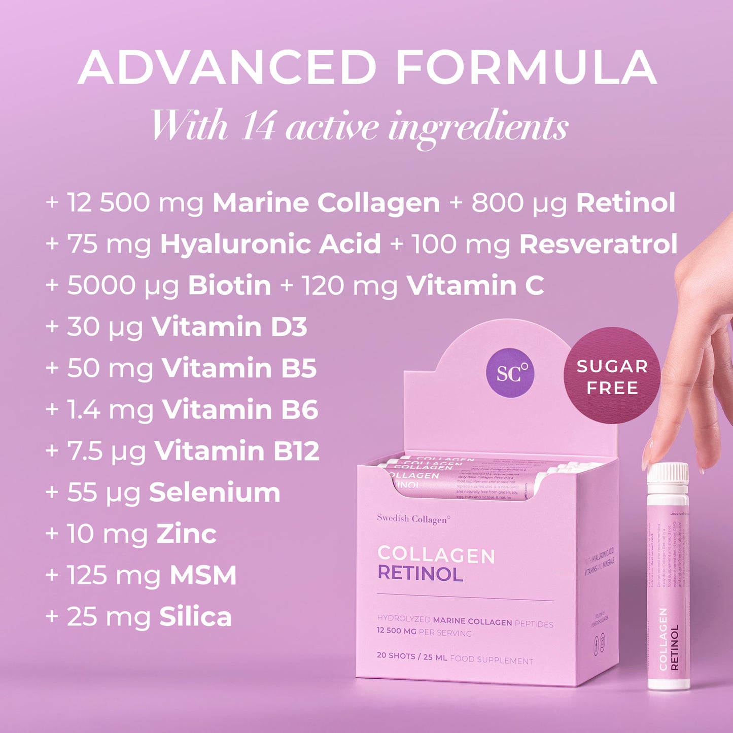 12 500 mg jūrinio kolageno su retinoliu ir vitaminu C – odos elastingumui.