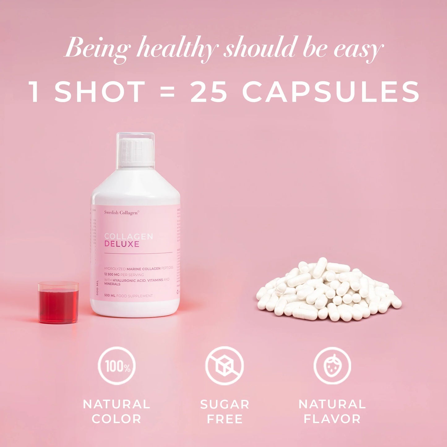 Swedish Collagen Deluxe sudėtis - hialurono rūgštis, biotinas, vitaminas C ir daugiau