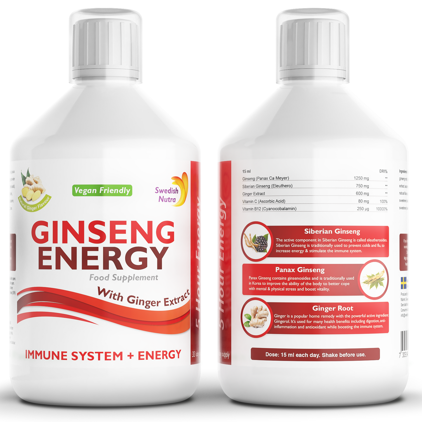 Swedish Nutra Ginseng Energy 500 ml - ženšenio ir imbiero skystas energijos papildas su vitaminu C ir B12