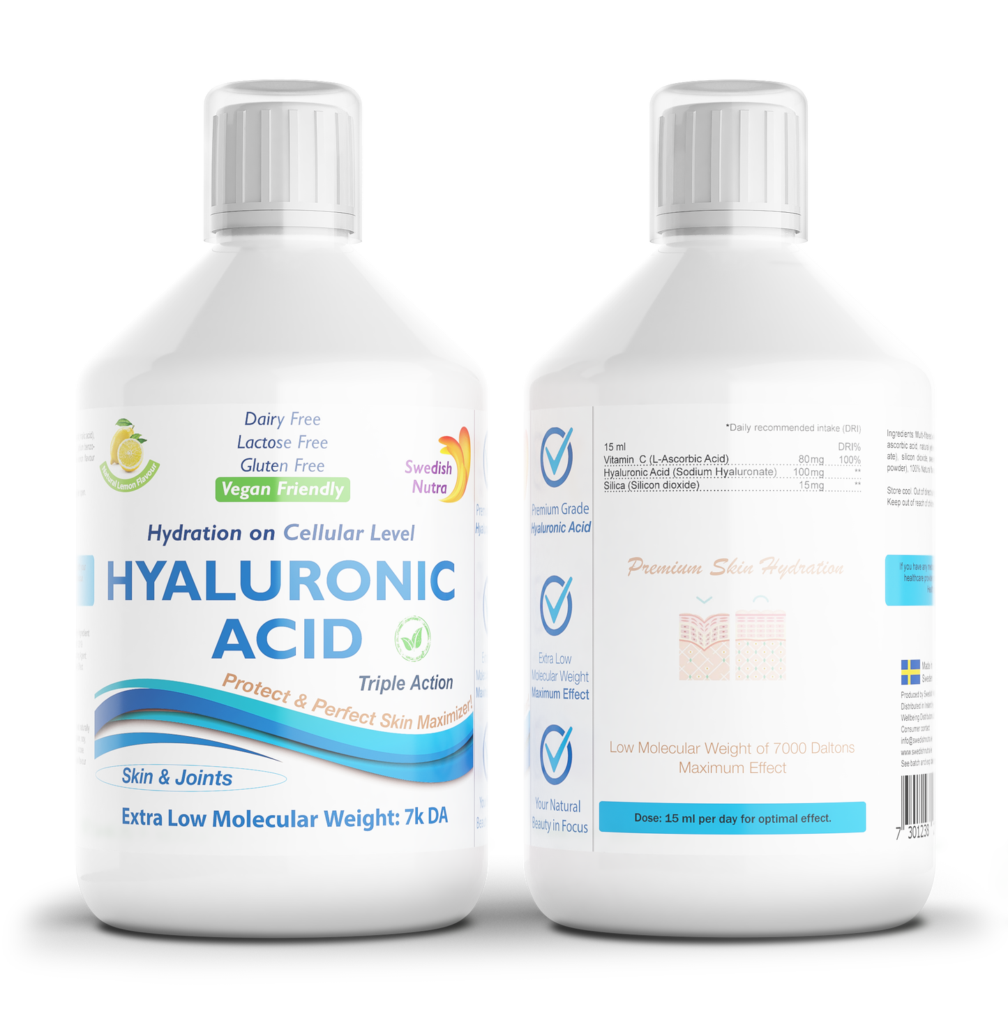 Hyaluronic Acid Liquid sudėtis – hialurono rūgštis, vitaminas C, silicis, citrinų skonio, be cukraus, vegan.
