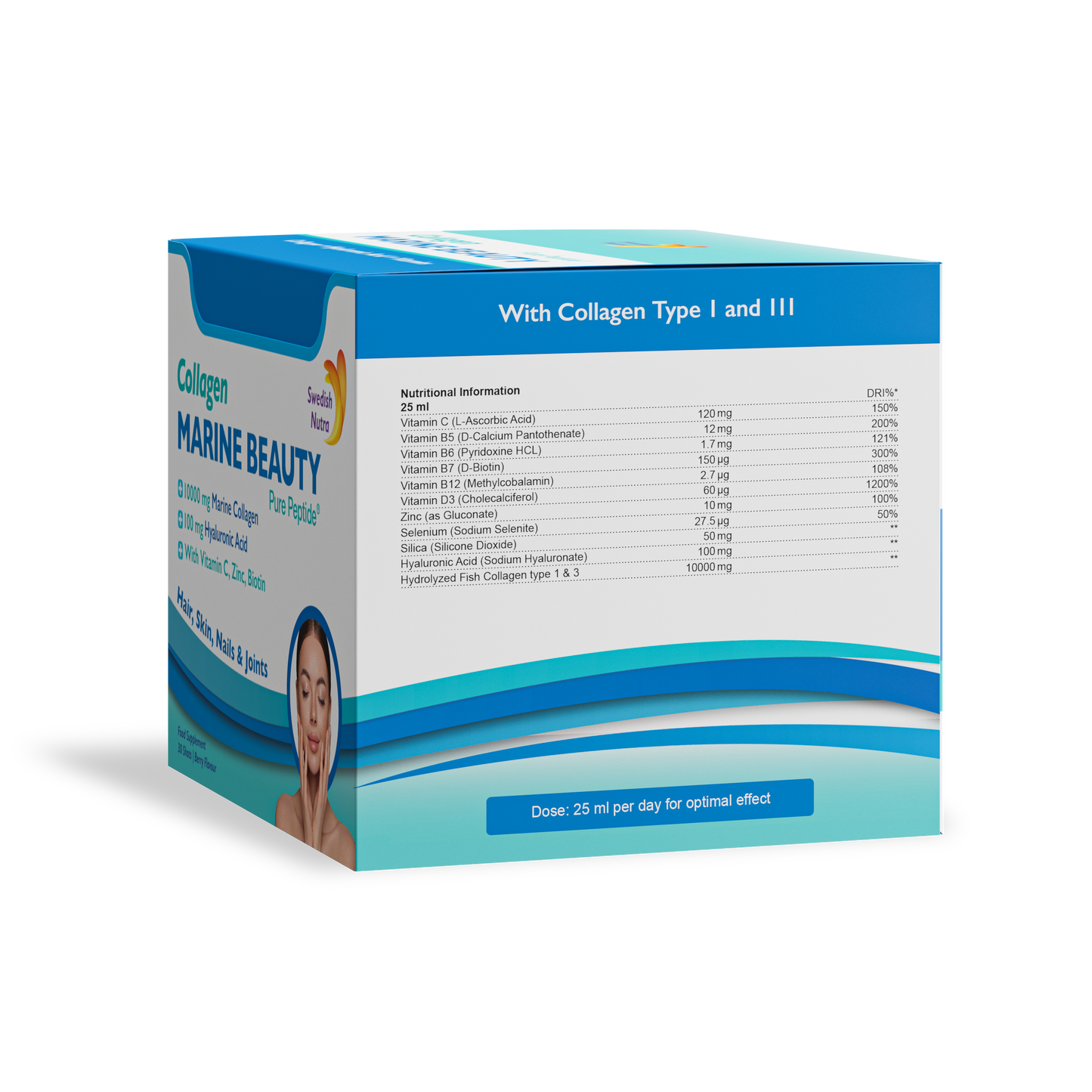 Marine Beauty Collagen Shots sudėtis – kolagenas, hialurono rūgštis, vitaminai C, D3, B kompleksas, biotinas, cinkas, selenas.