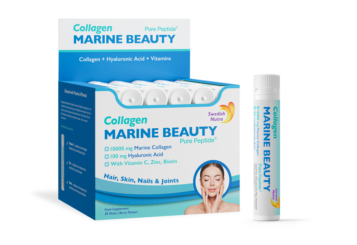Swedish Nutra Marine Beauty Collagen Shots, 30 šotų – 10 000 mg jūrinio kolageno, uogų skonio.