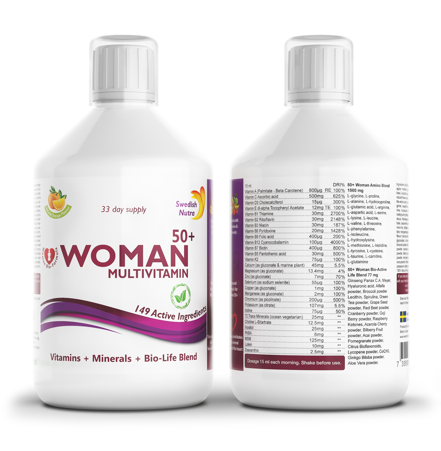 Swedish Nutra Multivitamin for Women 50+ – skysti multivitaminai moterims virš 50 metų, apelsinų skonio, 500 ml.