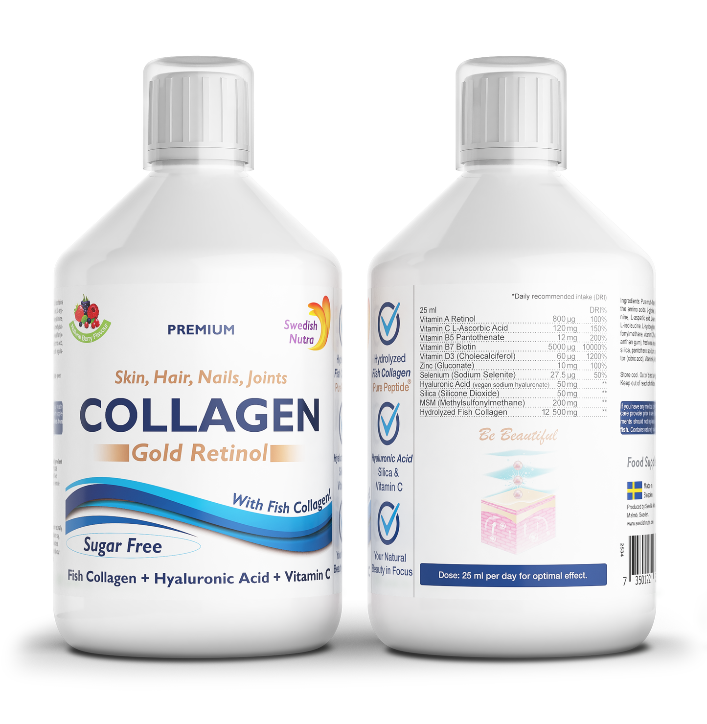 Swedish Nutra Collagen Gold Retinol, 500 ml – 12 500 mg jūrinio kolageno su retinoliu, odai, plaukams ir nagams.