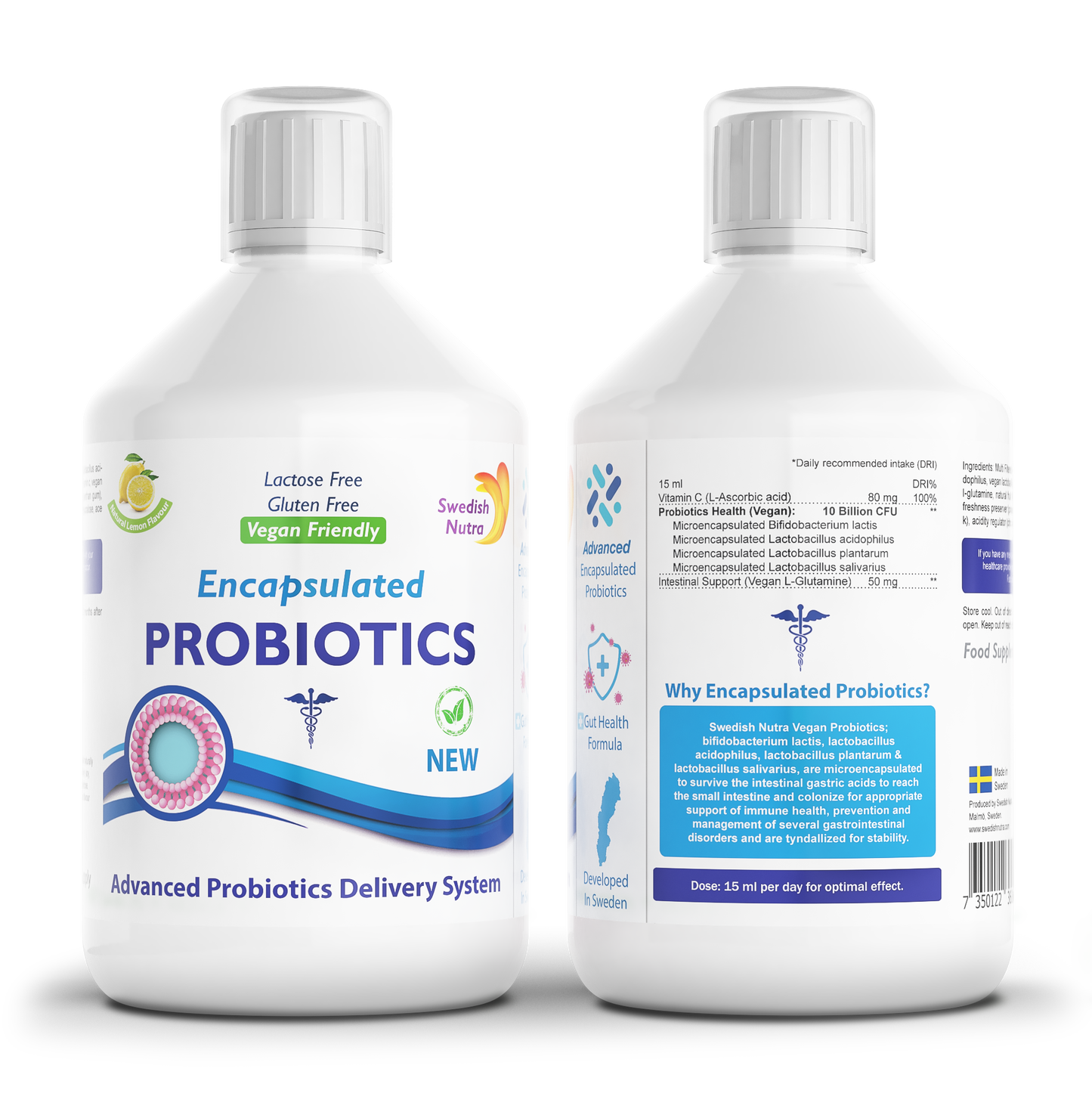 Swedish Nutra – Encapsulated Probiotics, skysti probiotikai su vitaminu C, citrinų skonio, 500 ml.