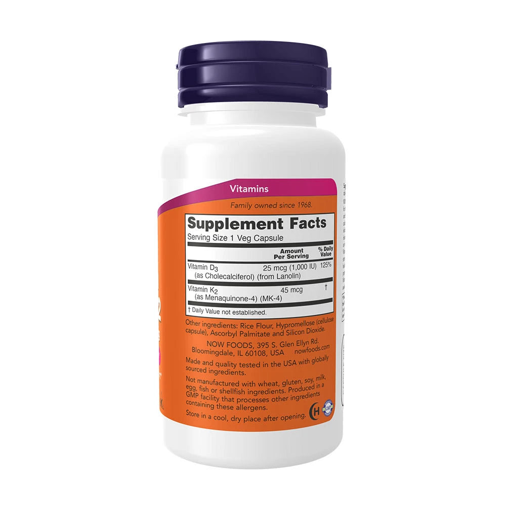 NOW Foods Vitamin D-3 & K-2 – sudėties ir vartojimo etiketė