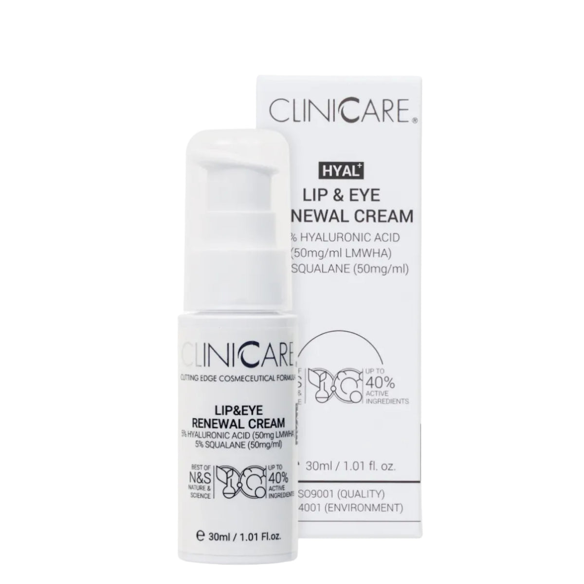 CLINICCARE HYAL+ Lip & Eye Renewal Cream paakių ir lūpų kontūro kremas, 30 ml – buteliukas ir dėžutė