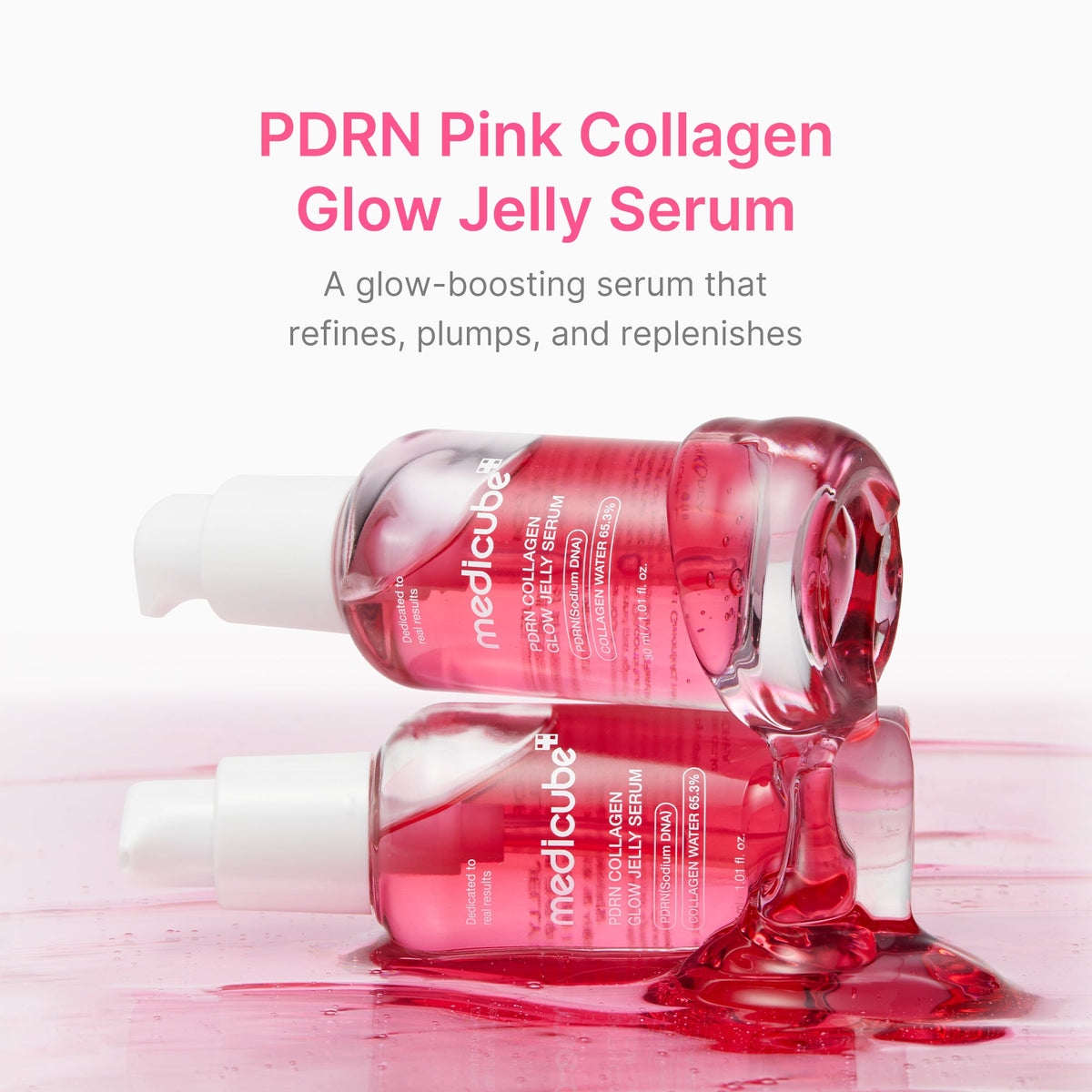 Medicube PDRN Pink Collagen Glow Jelly Serum – gelinė tekstūra ir buteliukas