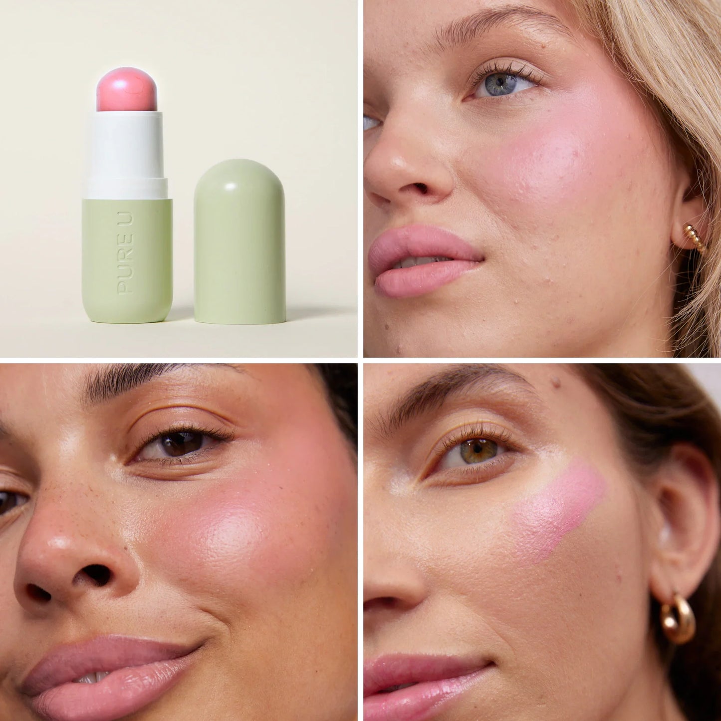 PURE U. Blush Balm Baby Bloom kreminiai skaistalai – produktas, atspalvis ant veido ir naudojimas