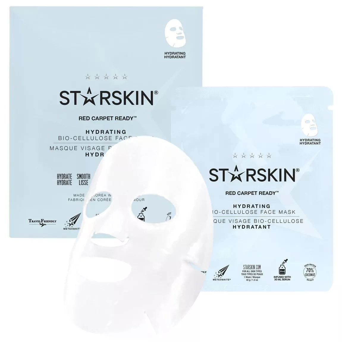 STARSKIN drėkinamoji veido kaukė su kokosų bioceliulioze – 1 vnt. (40g), prisotinta serumu, giliai drėkina ir lygina odą. Pagaminta Pietų Korėjoje.