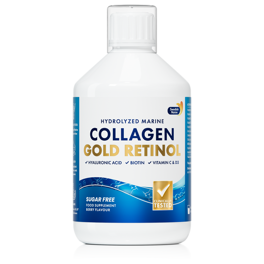 Swedish Nutra Collagen Gold Retinol, 500 ml – 12 500 mg jūrinio kolageno su retinoliu, odai, plaukams ir nagams.
