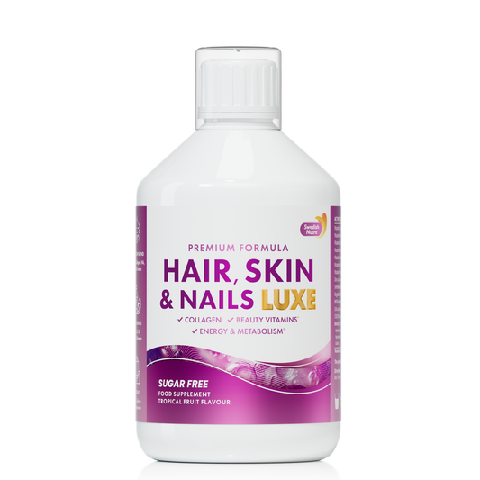 Swedish Nutra Hair Skin Nails Luxe skystas maisto papildas su kolagenu biotinu ir hialurono rūgštimi 500 ml
