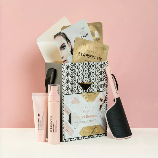 STARSKIN „VIP Pamper Routine“ dovanų rinkinys – prabangi veido ir pėdų odos priežiūra su kaukėmis, pėdų dilde, purškikliu ir kremu. Pagaminta Korėjoje.