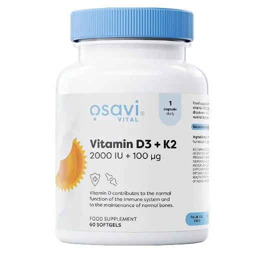 Osavi vitaminas D3 + K2 2000 TV / 100 µg, 60 minkštųjų kapsulių – pakuotės priekis