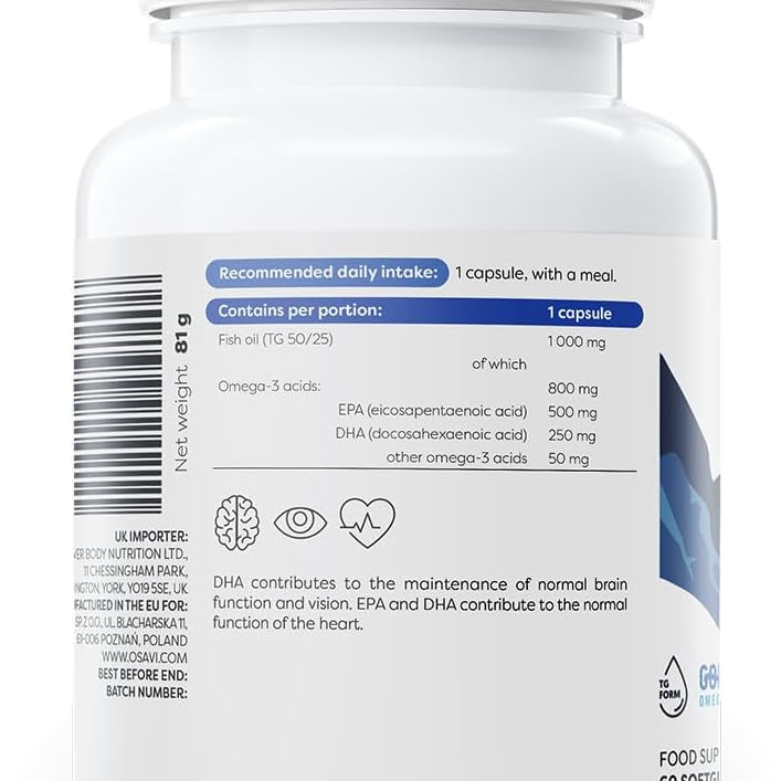 Osavi Super Strong Omega-3 etiketė – 500 mg EPR ir 250 mg DHR vienoje kapsulėje