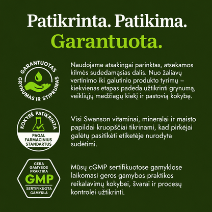 Swanson kokybės kontrolė, sudedamųjų dalių tyrimai ir GMP gamybos standartai