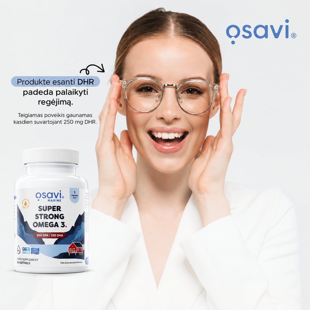 Osavi Omega-3 – DHR nauda regėjimui, moteris su akiniais