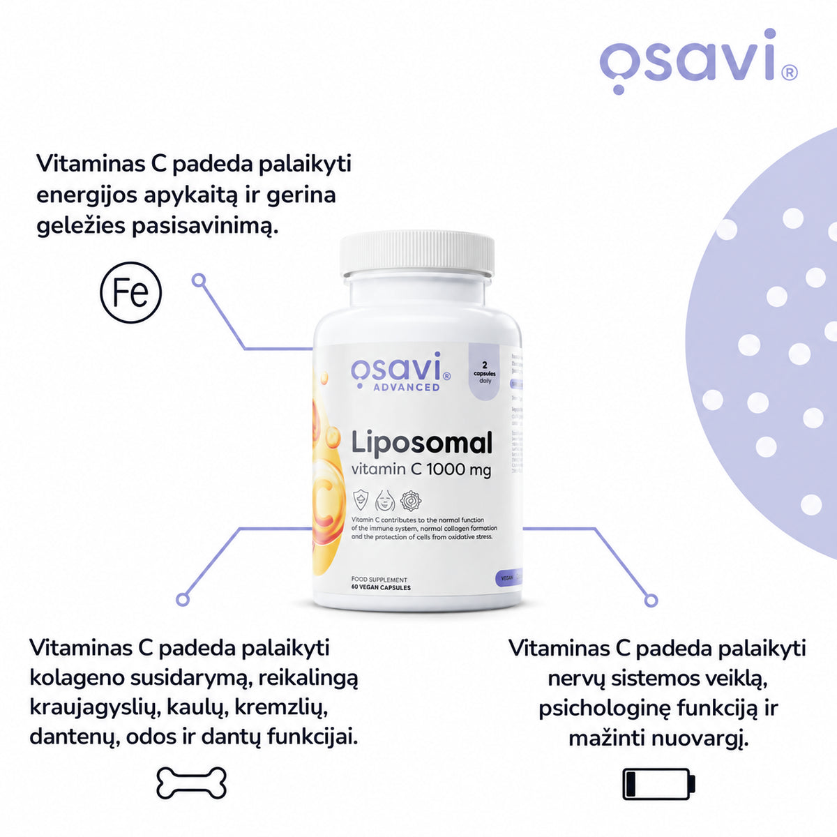 Osavi liposominis vitaminas C – energijos apykaitai, kolageno susidarymui ir nervų sistemai