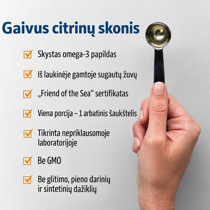 Nordic Naturals skystų omega-3 savybės ir citrinų skonis