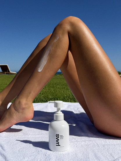 SWRL Body Cream kūno kremas, 300 ml – kremo tekstūra ant blauzdos ir buteliukas su pompa