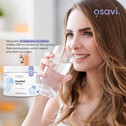 Osavi inozitolio vartojimas – pusę matavimo šaukštelio ištirpinti 200 ml gėrimo