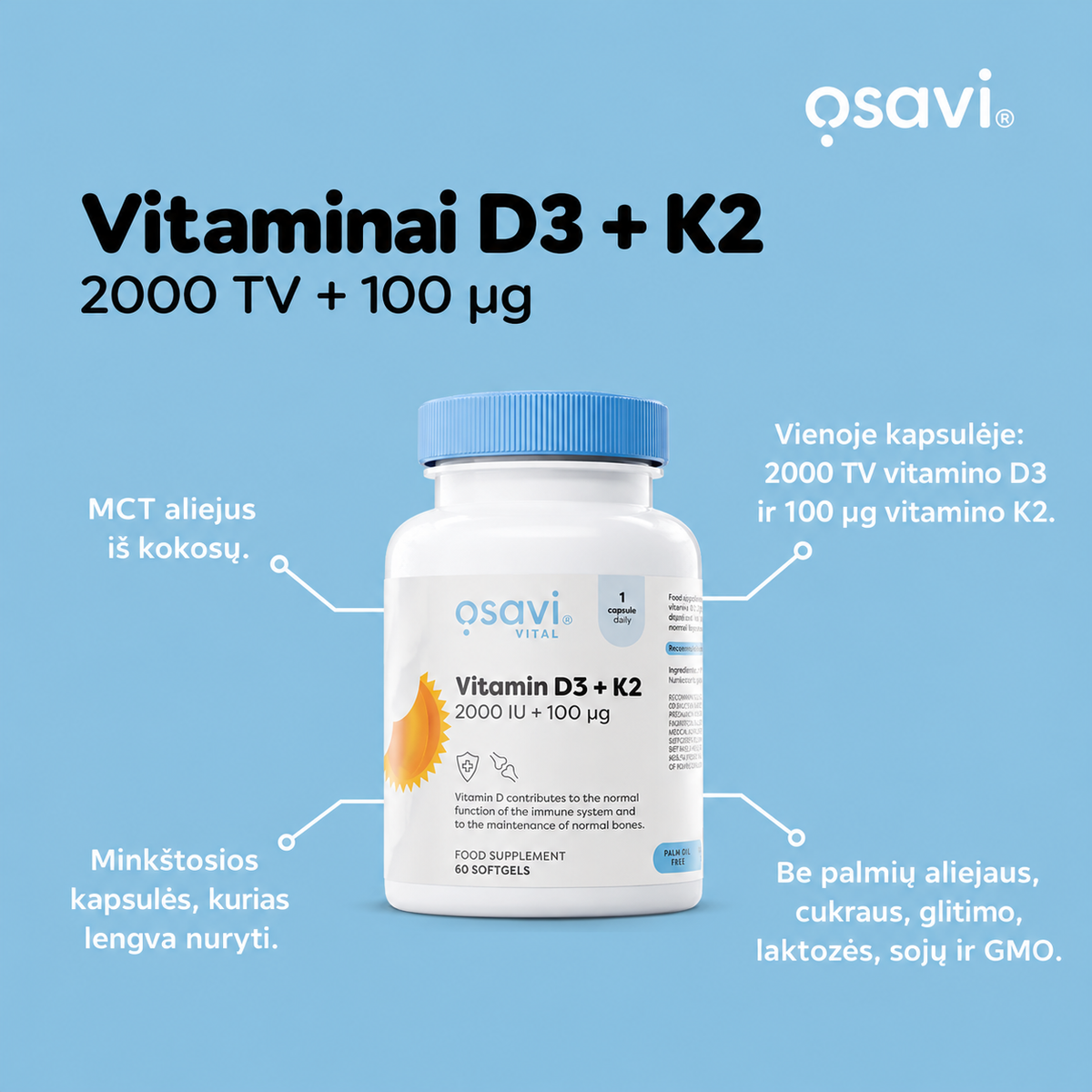 Osavi D3 + K2 2000 TV / 100 µg – sudėtis ir kapsulių savybės lietuvių kalba