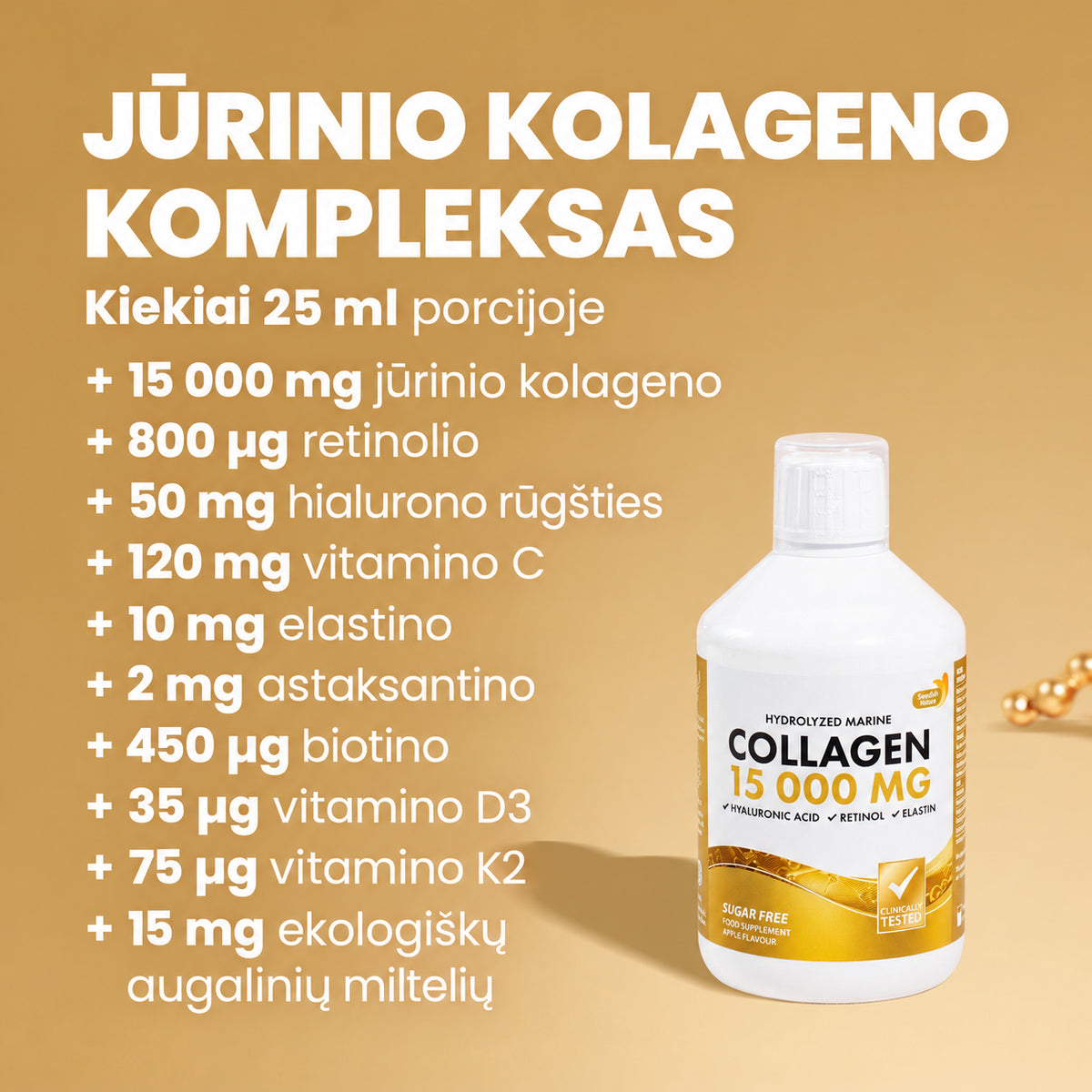 Swedish Nutra Marine Collagen – veikliųjų medžiagų kiekiai 25 ml porcijoje