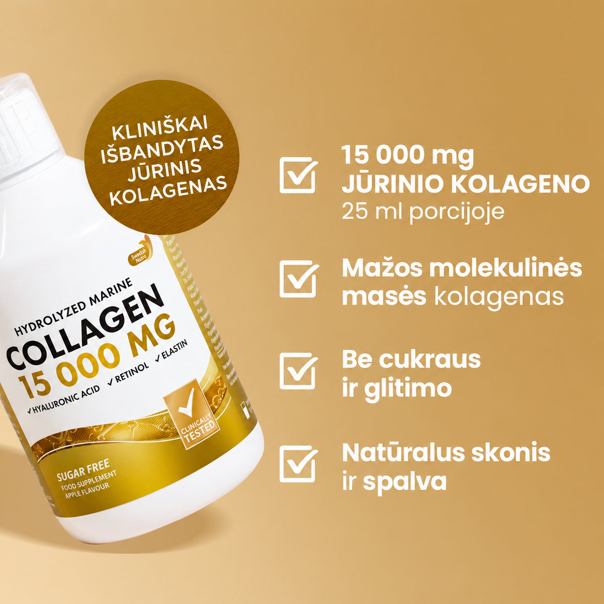 Swedish Nutra Marine Collagen – 15 000 mg jūrinio kolageno, be cukraus ir glitimo