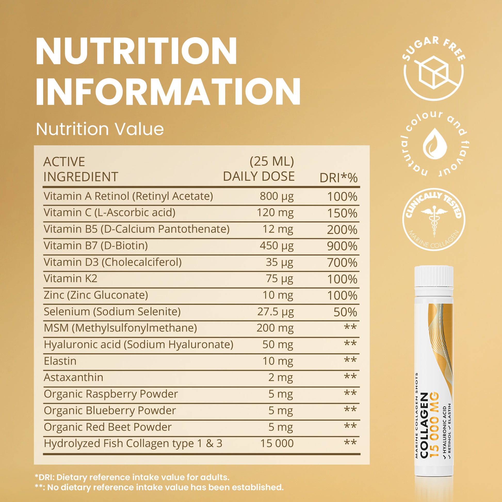 Marine Collagen 15000 mg dienos šotas be cukraus, riebalų ir glitimo