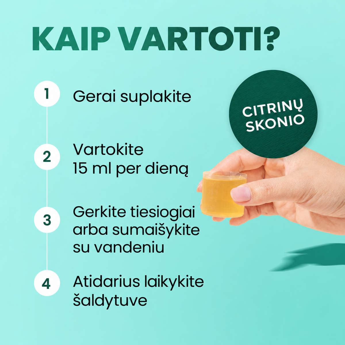 Swedish Nutra Probiotics Max vartojimas – 15 ml per dieną ir laikymas šaldytuve
