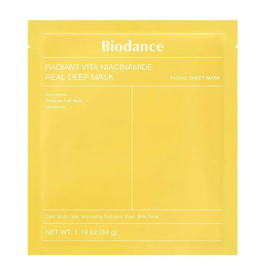 BIODANCE Radiant Vita Niacinamide Real Deep Mask – geltona kaukės pakuotė