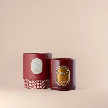 BUGAIA kvapni žvakė „Isadora“ 290 g stikliniame inde su medvilniniu knatu. Šiltų prieskonių ir medienos aromatas kuria jaukią, elegantišką atmosferą. Fotografuota šviesiame, ramiame interjere, akcentuojant subtilų žavesį.