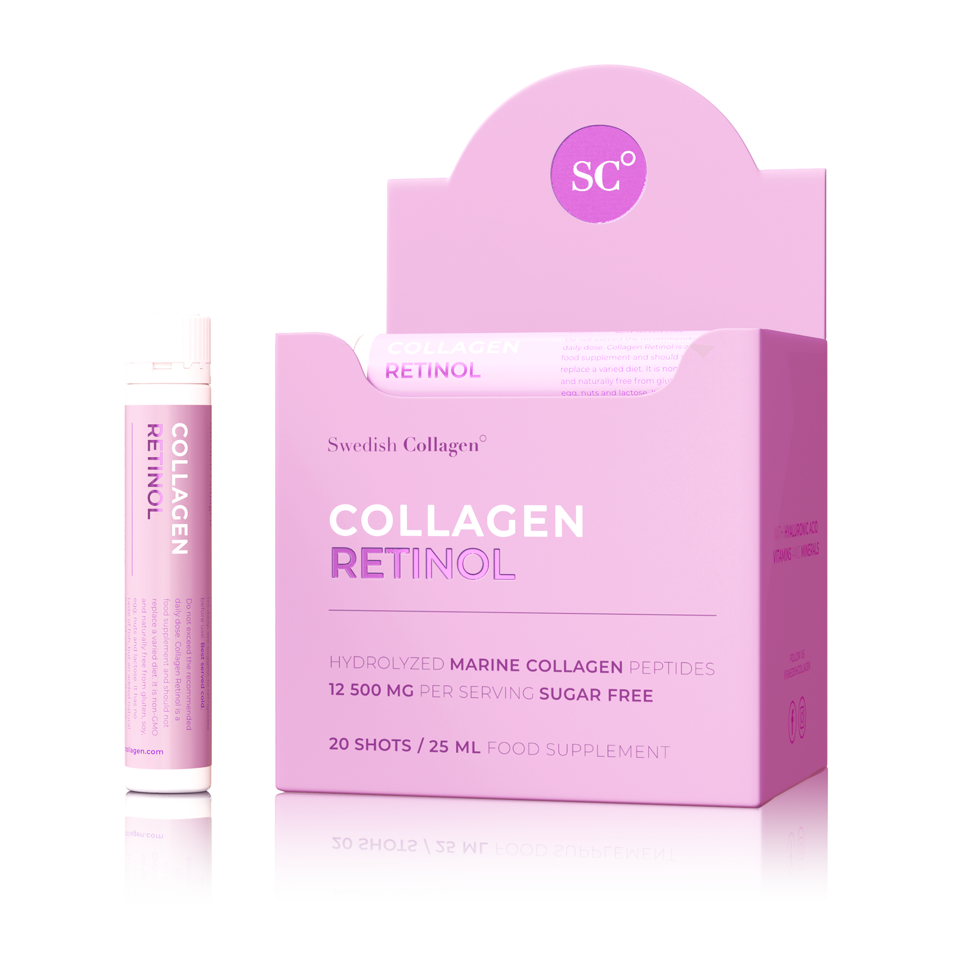 Swedish Collagen Retinol Shots – pakuotė 20×25 ml, mėlynių skonis.