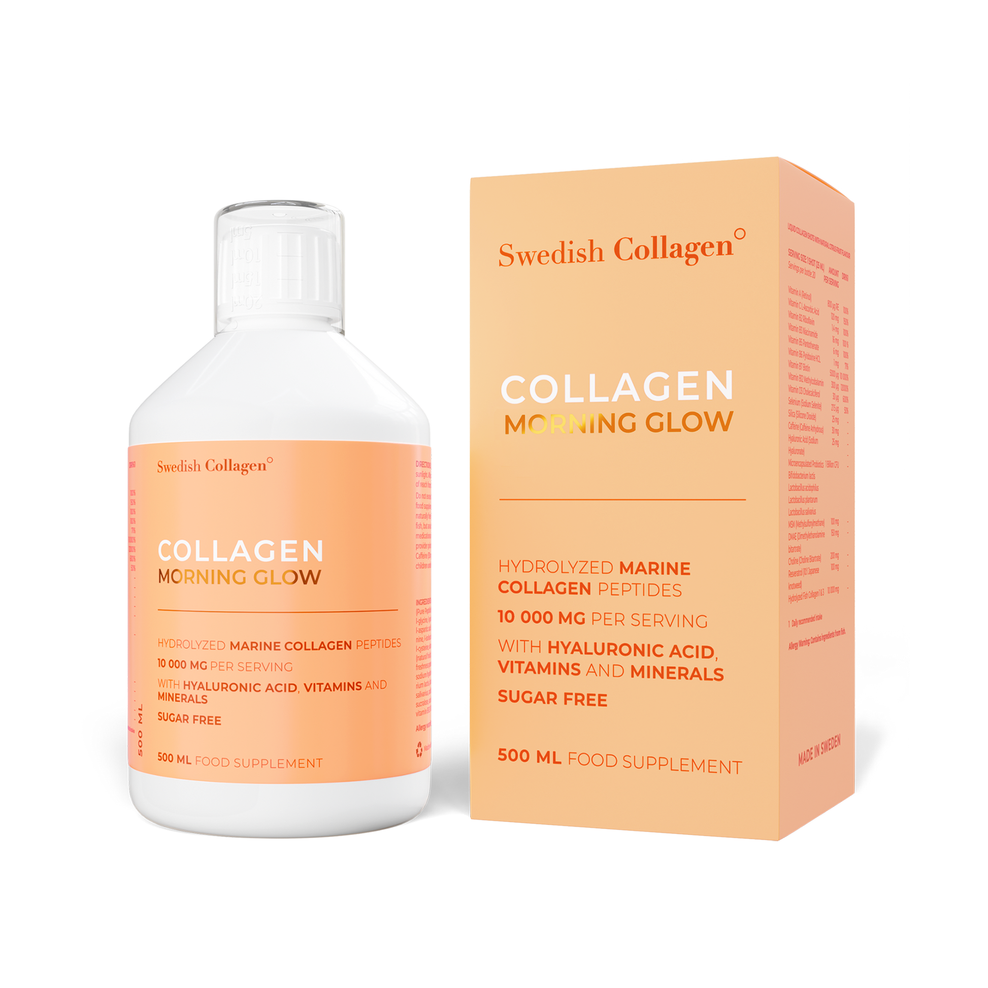Swedish Collagen Morning Glow buteliukas 500 ml – vaisinio skonio kolageno gėrimas su 10 000 mg jūrinio kolageno, probiotikais ir vitaminais, Švedija.
