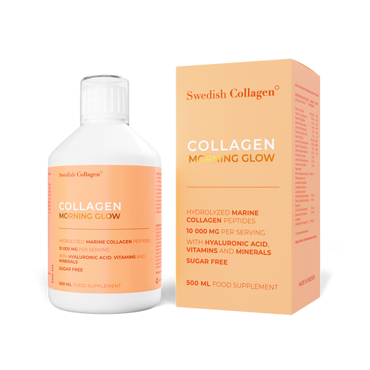 Swedish Collagen Morning Glow buteliukas 500 ml – vaisinio skonio kolageno gėrimas su 10 000 mg jūrinio kolageno, probiotikais ir vitaminais, Švedija.