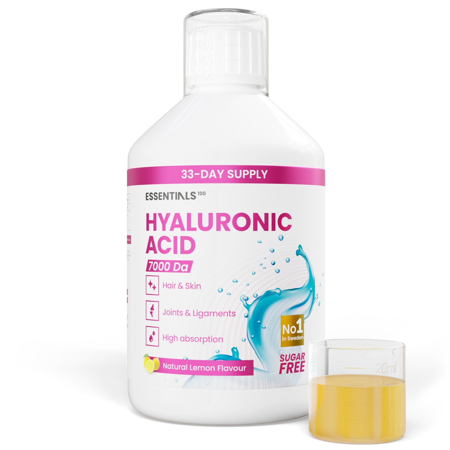 Essentials 100 Hyaluronic Acid Liquid 500 ml skystas maisto papildas su hialurono rūgštimi vitaminu C ir siliciu