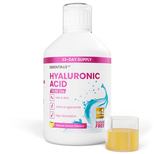 Essentials 100 Hyaluronic Acid Liquid 500 ml skystas maisto papildas su hialurono rūgštimi vitaminu C ir siliciu