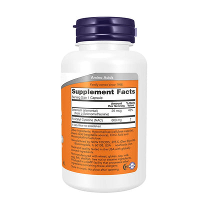 NOW Foods NAC 600 mg su selenu – sudėties ir vartojimo etiketė