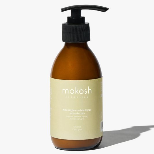 MOKOSH kūno losjonas „Pear“ su GLOW efektu – drėkinantis losjonas su kriaušių aromatu ir auksiniu švytėjimu, Luminosa.lt