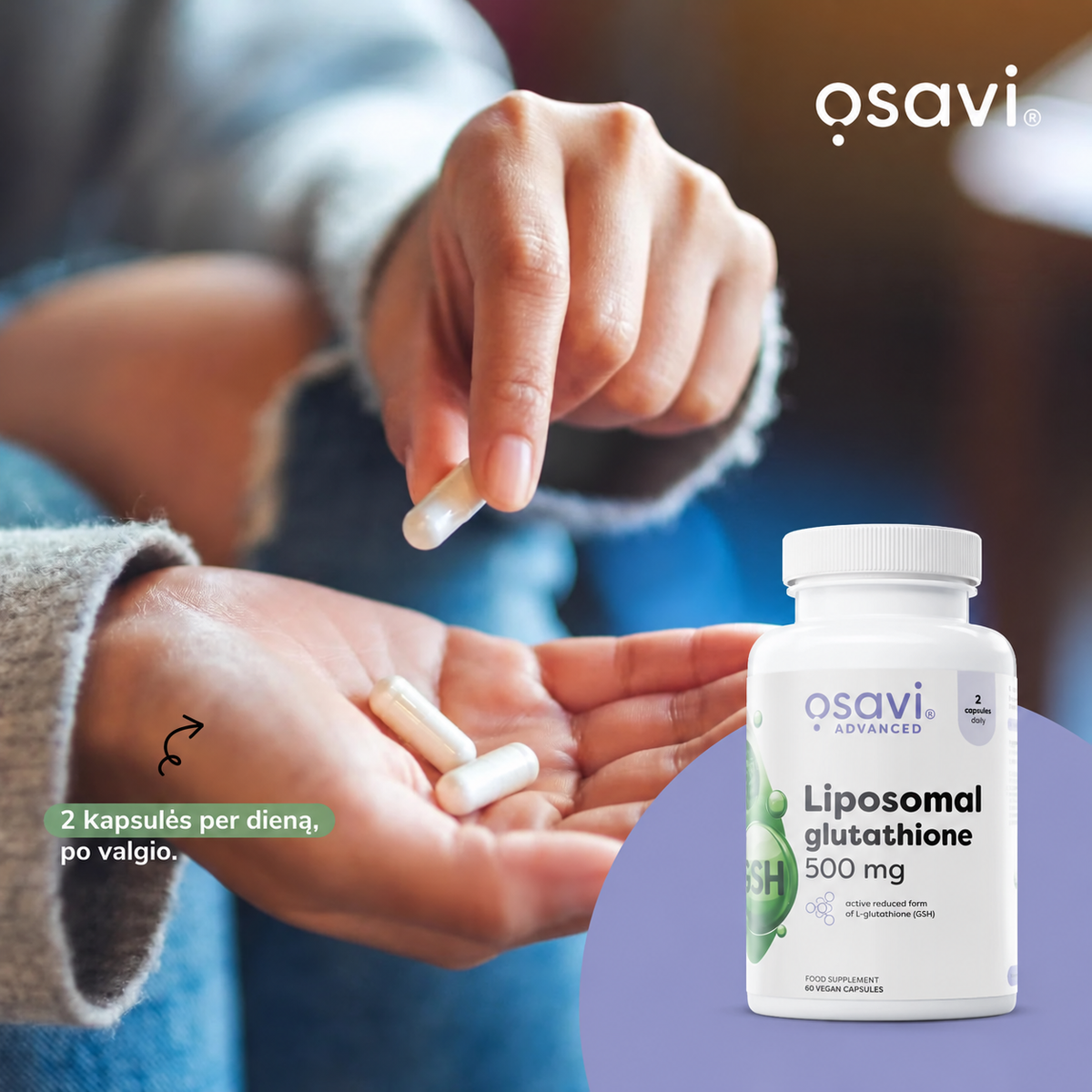 Osavi liposominio glutationo vartojimas – 2 kapsulės per dieną po valgio