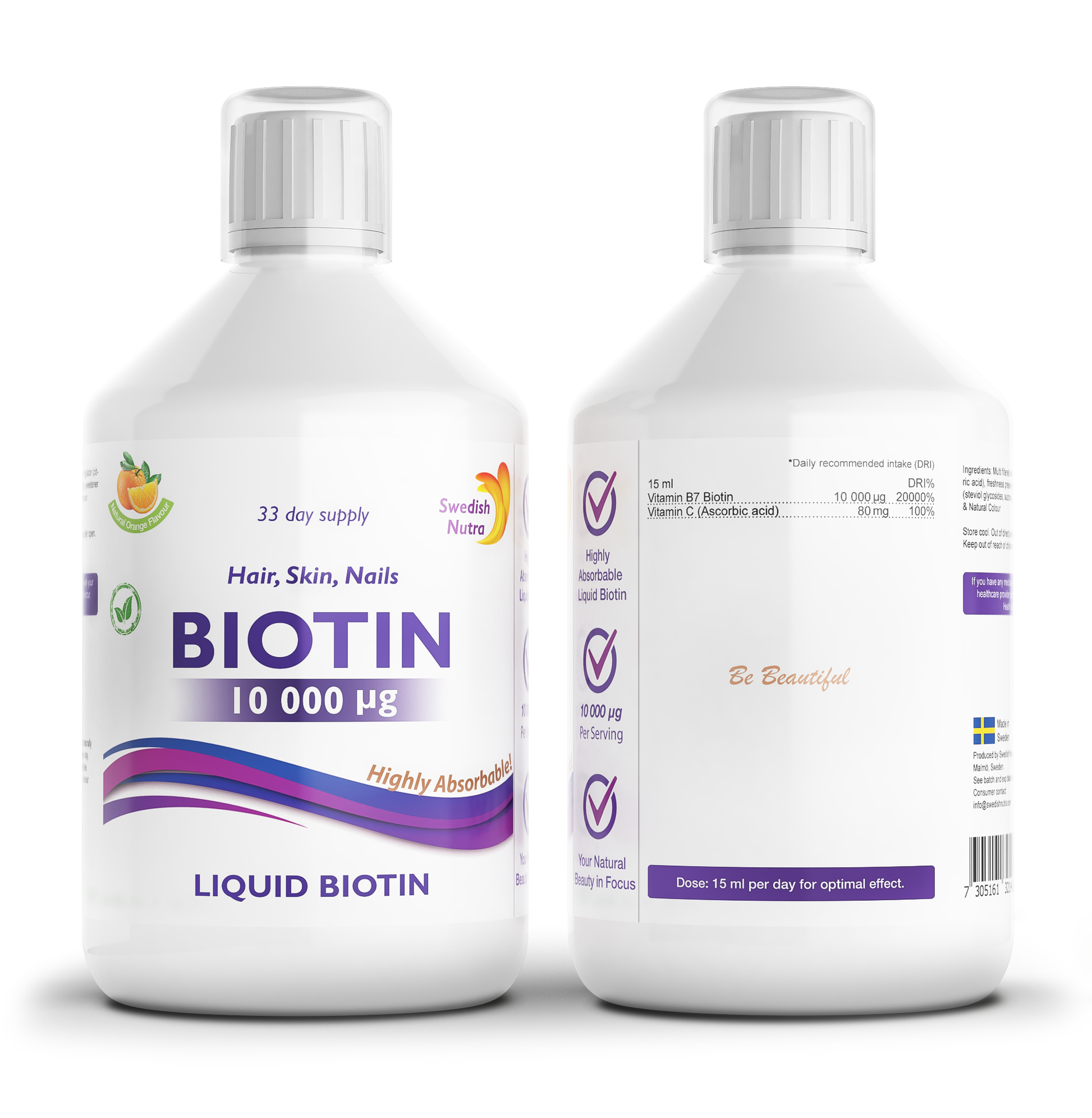 Swedish Nutra Liquid Biotin 10000 µg su vitaminu C, skystas papildas plaukams, odai ir nagams, 500 ml