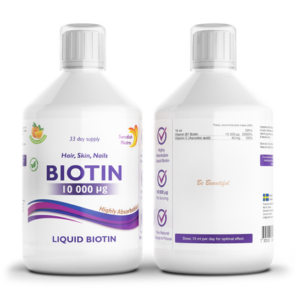 Swedish Nutra Liquid Biotin 10000 µg su vitaminu C, skystas papildas plaukams, odai ir nagams, 500 ml