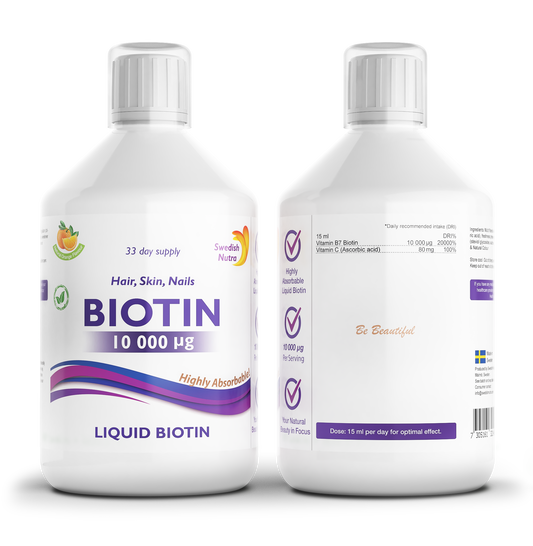 Swedish Nutra Liquid Biotin 10000 µg su vitaminu C, skystas papildas plaukams, odai ir nagams, 500 ml