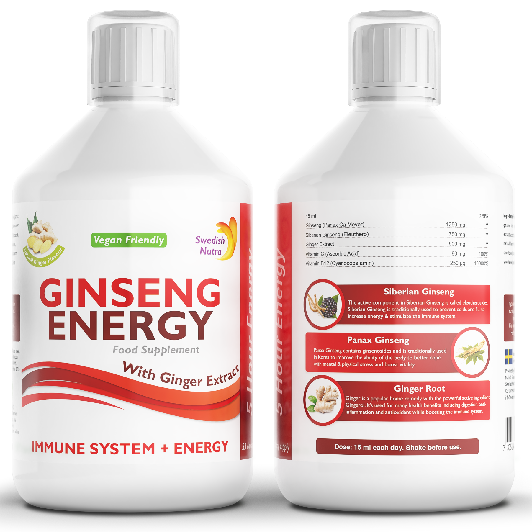 Swedish Nutra Ginseng Energy 500 ml - ženšenio ir imbiero skystas energijos papildas su vitaminu C ir B12